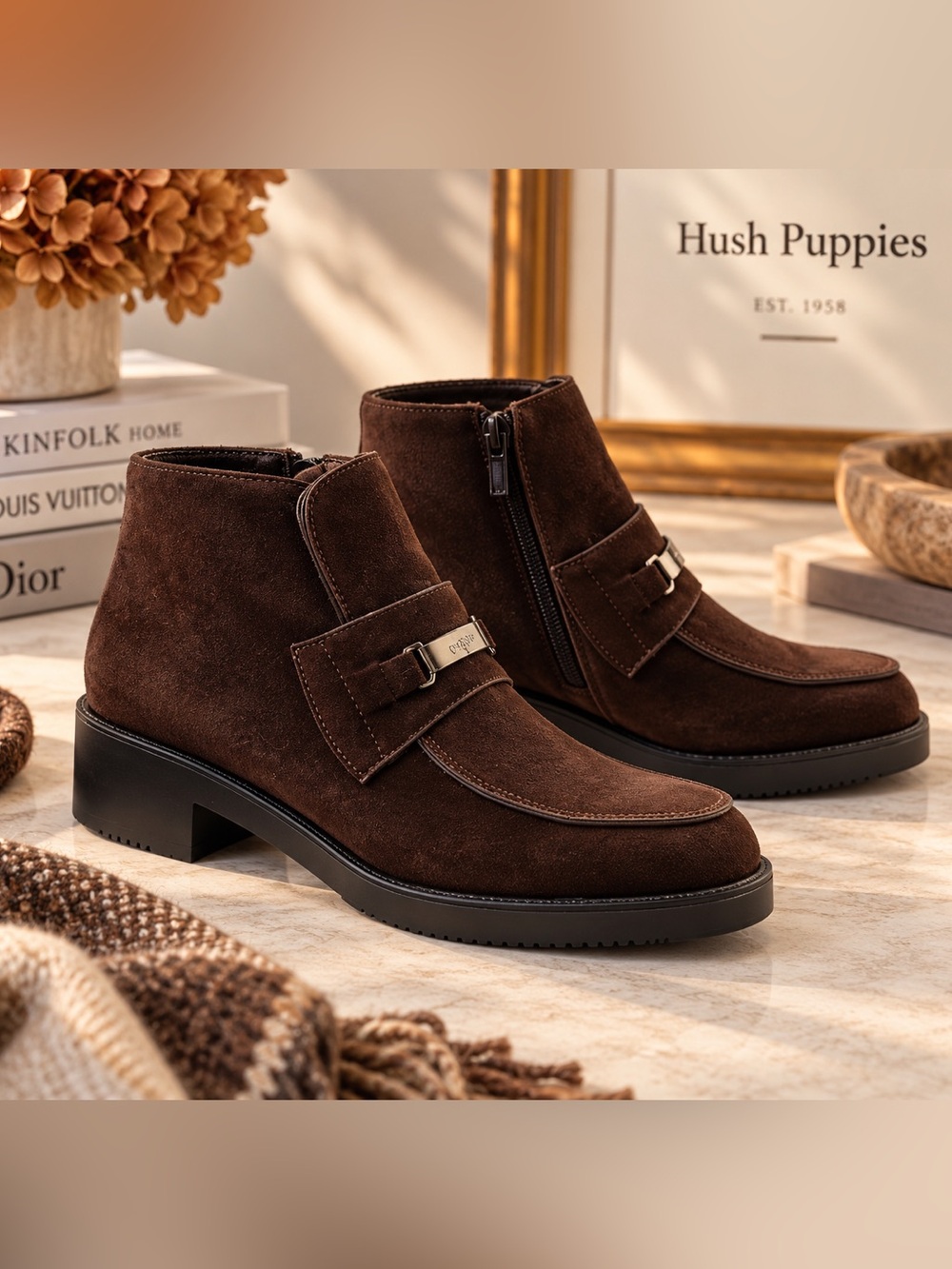 Hush Puppies Brown Suede Ankle Boots Metal Bit Waterproof Size 6.5M NEW